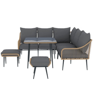 6 Piece Garden Furniture Set, Garden Corner Sofa Set with Thickened Cushions, Outdoor Patio Furniture Set with Glass Top Table, Footstools for Conservatory, Light Brown
