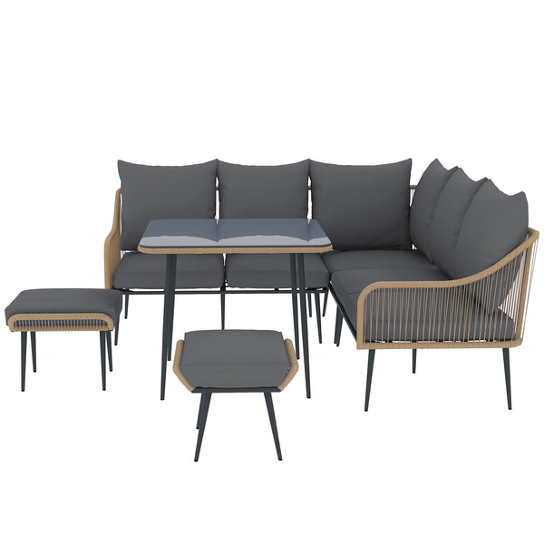 6 Piece Garden Furniture Set, Garden Corner Sofa Set with Thickened Cushions, Outdoor Patio Furniture Set with Glass Top Table, Footstools for Conservatory, Light Brown