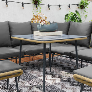 6 Piece Garden Furniture Set, Garden Corner Sofa Set with Thickened Cushions, Outdoor Patio Furniture Set with Glass Top Table, Footstools for Conservatory, Light Brown