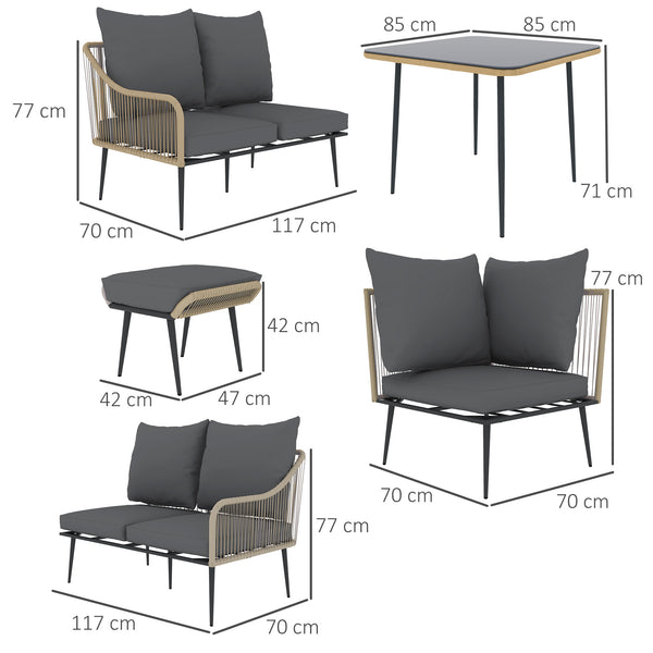 6 Piece Garden Furniture Set, Garden Corner Sofa Set with Thickened Cushions, Outdoor Patio Furniture Set with Glass Top Table, Footstools for Conservatory, Light Brown