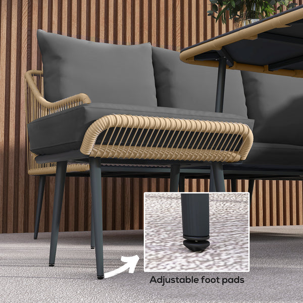 6 Piece Garden Furniture Set, Garden Corner Sofa Set with Thickened Cushions, Outdoor Patio Furniture Set with Glass Top Table, Footstools for Conservatory, Light Brown