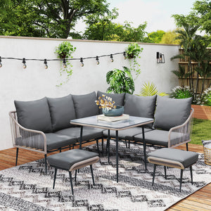 6 Piece Garden Furniture Set, Garden Corner Sofa Set with Thickened Cushions, Outdoor Patio Furniture Set with Glass Top Table, Footstools for Conservatory, Light Brown