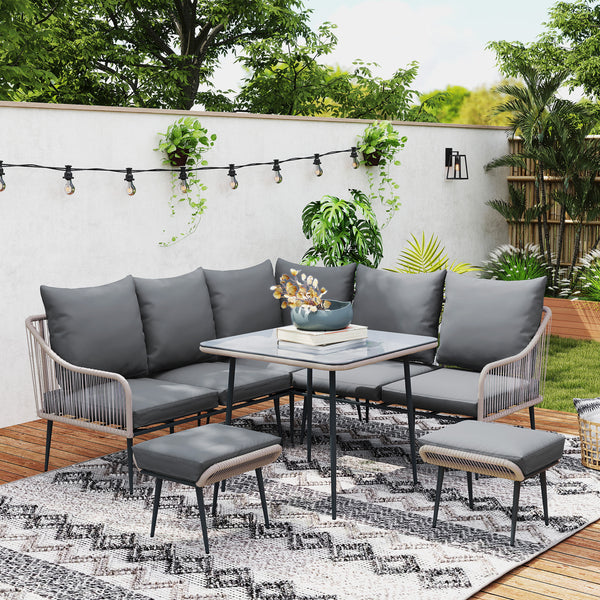 6 Piece Garden Furniture Set, Garden Corner Sofa Set with Thickened Cushions, Outdoor Patio Furniture Set with Glass Top Table, Footstools for Conservatory, Light Brown