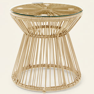 ARVOYA Round PE Rattan Side Table with Tempered Glass Top & Hollow Drum Design, Natural