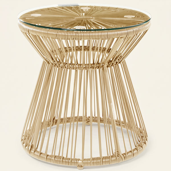 ARVOYA Round PE Rattan Side Table with Tempered Glass Top & Hollow Drum Design, Natural