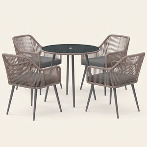 ARVOYA 4 Seater Rattan Dining Set with Parasol Hole & Cushions for Patio, Garden, Light Brown