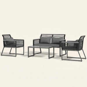 ARVOYA 4 Piece Rattan Garden Furniture Set with Cushions & Glass Top Table, Charcoal Grey