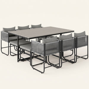 ARVOYA 10 Seater Rattan Garden Furniture Set with 6 Armchairs, 4 Stools & Wood Grain Top Table, Grey
