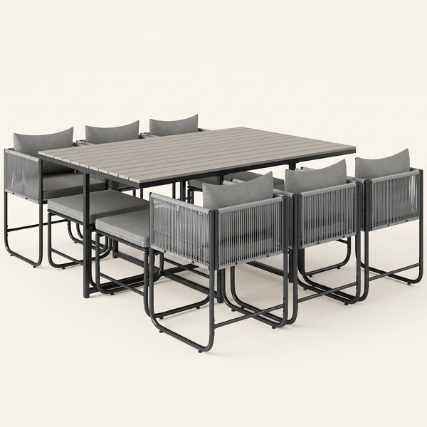 ARVOYA 10 Seater Rattan Garden Furniture Set with 6 Armchairs, 4 Stools & Wood Grain Top Table, Grey