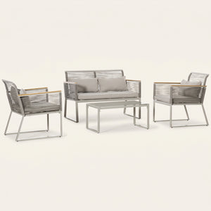 ARVOYA 4 Piece Rattan Garden Furniture Set with Cushions & Glass Top Table, Grey
