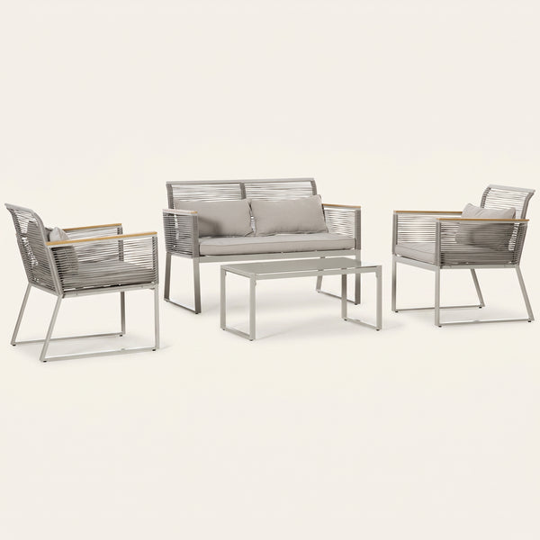 ARVOYA 4 Piece Rattan Garden Furniture Set with Cushions & Glass Top Table, Grey