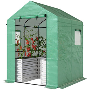 Greenhouse with Raised Garden Bed, 56" x 56" x 75" Galvanized Metal Planter Box with PE Cover, Roll Up Door and Windows, Outdoor Greenhouse for Flowers Vegetables, Green