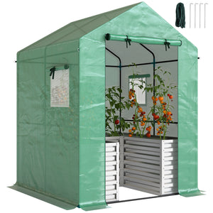 Greenhouse with Raised Garden Bed, 56" x 56" x 75" Galvanized Metal Planter Box with PE Cover, Roll Up Door and Windows, Outdoor Greenhouse for Flowers Vegetables, Green