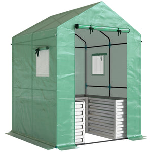 Greenhouse with Raised Garden Bed, 56" x 56" x 75" Galvanized Metal Planter Box with PE Cover, Roll Up Door and Windows, Outdoor Greenhouse for Flowers Vegetables, Green