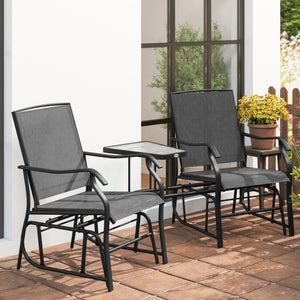 Double Patio Glider Chair with Glass Top Center Table, Outdoor Glider Loveseat with High Back,  All Weather Breathable Mesh Fabric for Garden, Backyard, Deck, Black