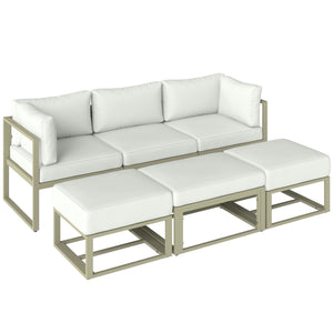 Garden Daybed, 6 Piece Outdoor Sectional Sofa Set, Aluminium Patio Conversation Furniture Set with Coffee Table, Footstool and Cushions, Cream White