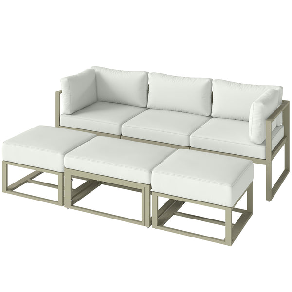 Garden Daybed, 6 Piece Outdoor Sectional Sofa Set, Aluminium Patio Conversation Furniture Set with Coffee Table, Footstool and Cushions, Cream White