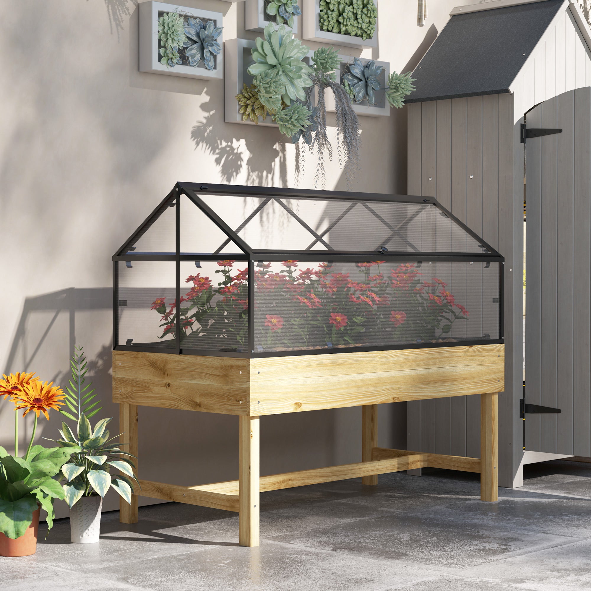 Raised Garden Bed with Cold Frame Greenhouse, Elevated Wood Planter Box with Polycarbonate Panel and Top Vent for Vegetables, Flowers, Herbs, 120 x 60 x 103cm, Natural