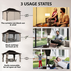 10' x 14' Hardtop Gazebo with UPF50+ Double Galvanized Steel Roof Canopy, Aluminum Frame Permanent Outdoor Gazebo with Curtains and Netting, Ceiling Hooks, Brown