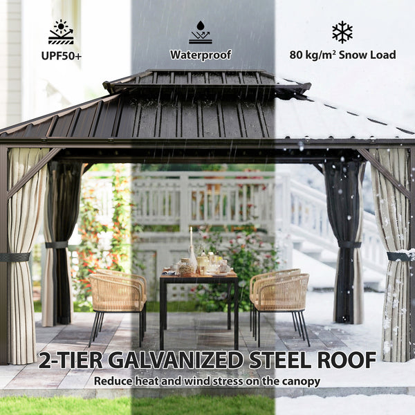 10' x 14' Hardtop Gazebo with UPF50+ Double Galvanized Steel Roof Canopy, Aluminum Frame Permanent Outdoor Gazebo with Curtains and Netting, Ceiling Hooks, Brown