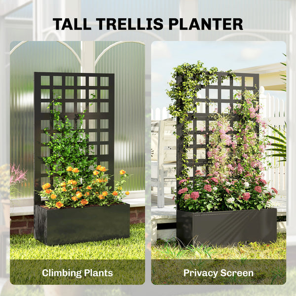 Galvanized Raised Garden Bed with Trellis, Metal Planter Box with Drainage Holes, Outdoor Privacy Screen for Climbing Plants, Vegetable, Vines, 24" x 9" x 44.5", Black