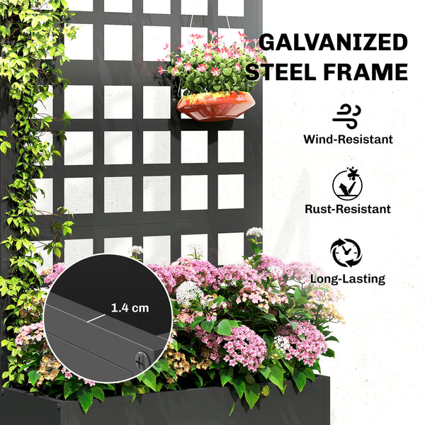 Galvanized Raised Garden Bed with Trellis, Metal Planter Box with Drainage Holes, Outdoor Privacy Screen for Climbing Plants, Vegetable, Vines, 24" x 9" x 44.5", Black