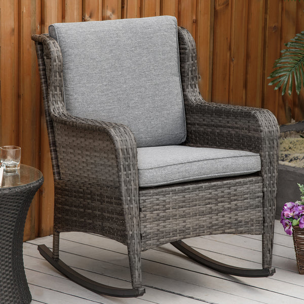 Outsunny Outdoor Wicker Rocking Chair with Wide Seat, Thick Cushions, Rattan Rocker with Steel Frame, High Weight Capacity for Patio, Garden, Backyard, Dark Gray