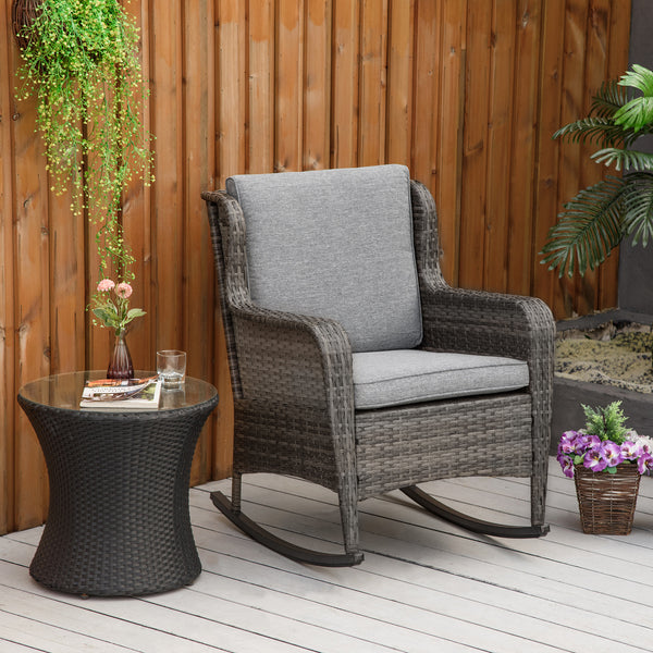 Outsunny Outdoor Wicker Rocking Chair with Wide Seat, Thick Cushions, Rattan Rocker with Steel Frame, High Weight Capacity for Patio, Garden, Backyard, Dark Gray