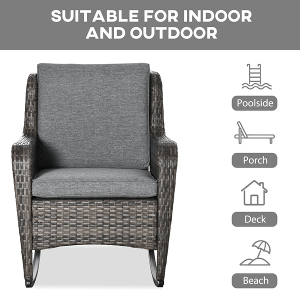 Outsunny Outdoor Wicker Rocking Chair with Wide Seat, Thick Cushions, Rattan Rocker with Steel Frame, High Weight Capacity for Patio, Garden, Backyard, Dark Gray