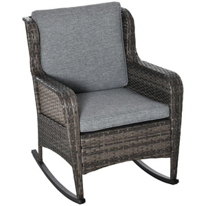 Outsunny Outdoor Wicker Rocking Chair with Wide Seat, Thick Cushions, Rattan Rocker with Steel Frame, High Weight Capacity for Patio, Garden, Backyard, Dark Gray