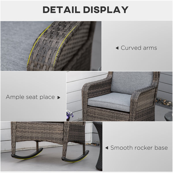 Outsunny Outdoor Wicker Rocking Chair with Wide Seat, Thick Cushions, Rattan Rocker with Steel Frame, High Weight Capacity for Patio, Garden, Backyard, Dark Gray