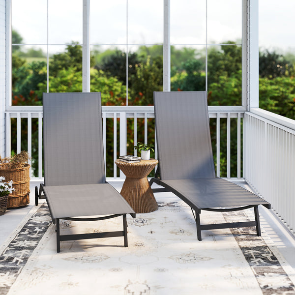 Lounge Chair Outdoor Set of 2 with Wheels, 5-Position Reclining Chaise Lounge Tanning Chair, Breathable Mesh Sun Lounger for Patio, Backyard, Beach, Poolside, Dark Grey