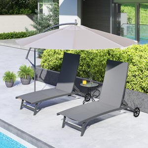 Lounge Chair Outdoor Set of 2 with Wheels, 5-Position Reclining Chaise Lounge Tanning Chair, Breathable Mesh Sun Lounger for Patio, Backyard, Beach, Poolside, Dark Grey