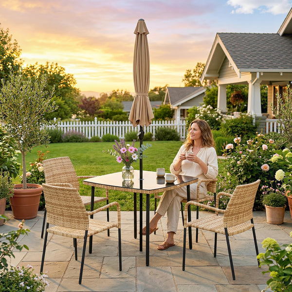 4 Seater Rattan Dining Set with Parasol, 6 Piece Garden Table and Stackable Chairs with Tempered Glass Tabletop, All-Weather Outdoor Rattan Furniture Set for Patio, Light Brown