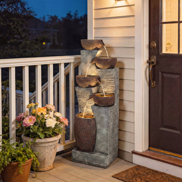 Outdoor Water Fountain with 5-Tier Crock Design, 51.2" Tall Cascading Waterfall Garden Fountain with LED Lights and Adjustable Flow, Rustic Decor for Patio, Backyard, Gray and Rustic Brown