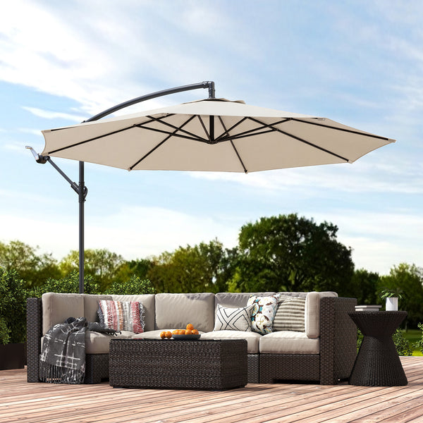 3(m) Garden Banana Parasol Hanging Cantilever Umbrella with Crank Handle, 8 Ribs and Cross Base for Outdoor, Sun Shade, Cream White