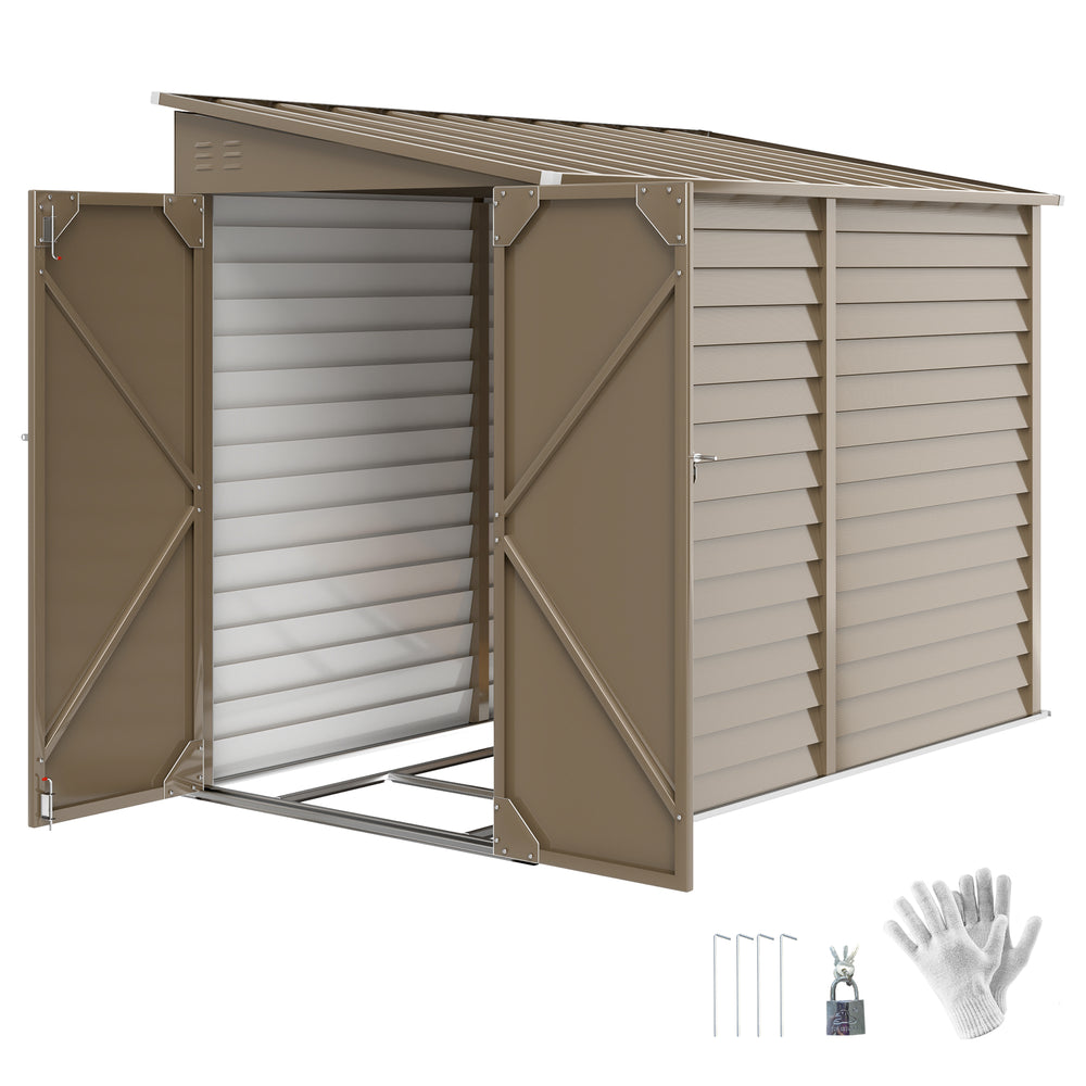 Outsunny 4.6' x 9' Steel Outdoor Storage Shed, Lean to Shed, Metal Tool House with Foundation Kit, Lockable Doors, Gloves and 2 Air Vents for Backyard, Patio, Lawn, Brown