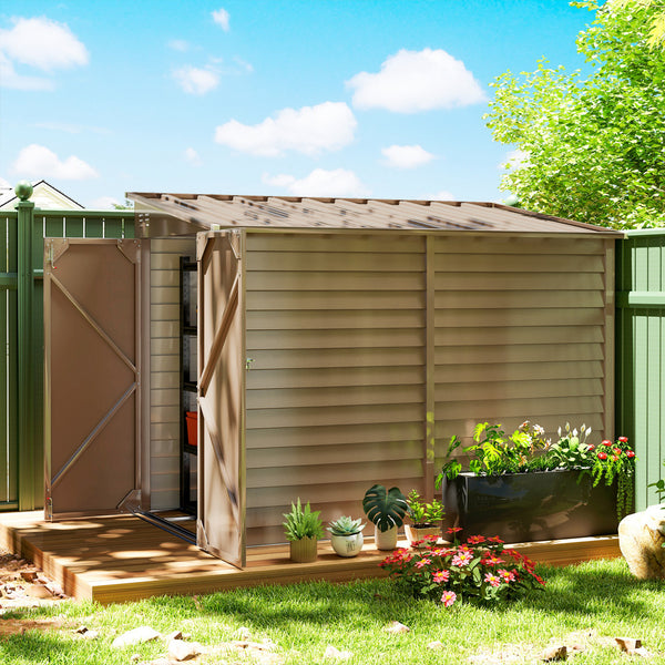 Outsunny 4.6' x 9' Steel Outdoor Storage Shed, Lean to Shed, Metal Tool House with Foundation Kit, Lockable Doors, Gloves and 2 Air Vents for Backyard, Patio, Lawn, Brown