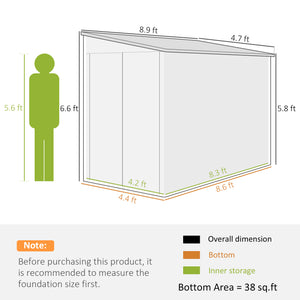 Outsunny 4.6' x 9' Steel Outdoor Storage Shed, Lean to Shed, Metal Tool House with Foundation Kit, Lockable Doors, Gloves and 2 Air Vents for Backyard, Patio, Lawn, Brown