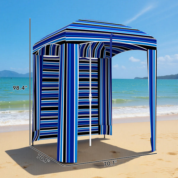 5.9' x 5.9' Portable Beach Umbrella, Ruffled Outdoor Cabana with Walls, Vents, Sandbags, Carry Bag, Blue Stripe