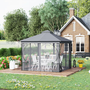 3 x 3m Garden Gazebo Patio Party Tent Shelter Outdoor Canopy Double Tier Sun Shade with Metal Frame and Netting, Light Grey