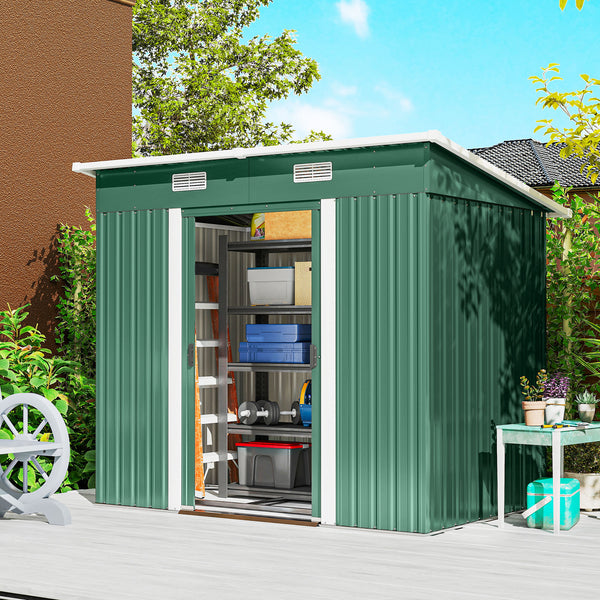 7'x 4' Outdoor Storage Shed, Metal Garden Shed with Lockable Double Doors, Foundation Kit and Vents for Patio, Backyard, Tool Storage, Green