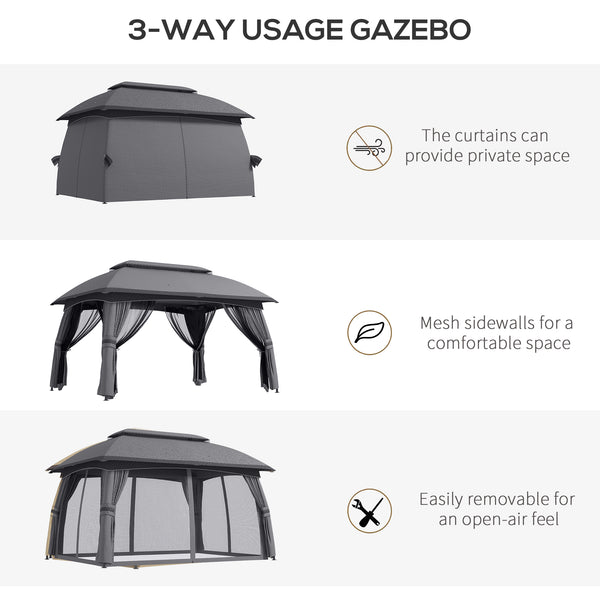 Outsunny 10' x 13' Patio Gazebo, Outdoor Gazebo Canopy Shelter with Netting, Curtains, Vented Roof, Steel Frame for Garden, Lawn, Backyard, and Deck, Dark Gray