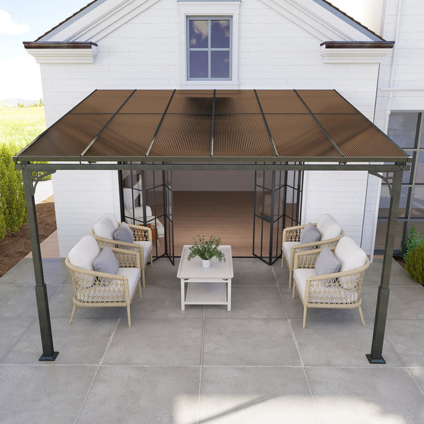 11' x 10' Outdoor Pergola, Wall Mounted Hardtop Lean-to Gazebo with Polycarbonate Roof and Metal-Aluminium Frame, Heavy Duty Metal Pergola for Patio Deck Backyard, Brown