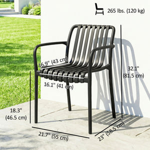 Stackable Patio Chairs Set of 4, Outdoor Patio Dining Chairs with Curved Backrest, Slatted Seat and Armrest for Indoor, Outdoor, Balcony, Deck, Garden,  Plastic, Black