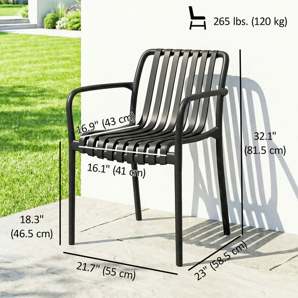 Stackable Patio Chairs Set of 4, Outdoor Patio Dining Chairs with Curved Backrest, Slatted Seat and Armrest for Indoor, Outdoor, Balcony, Deck, Garden,  Plastic, Black
