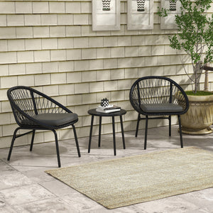 3 Pieces Rattan Bistro Set, Wicker Garden Furniture Set with Round Metal Top Coffee Table and Chairs, Washable Cushions for Outdoor, Patio, Balcony, Black