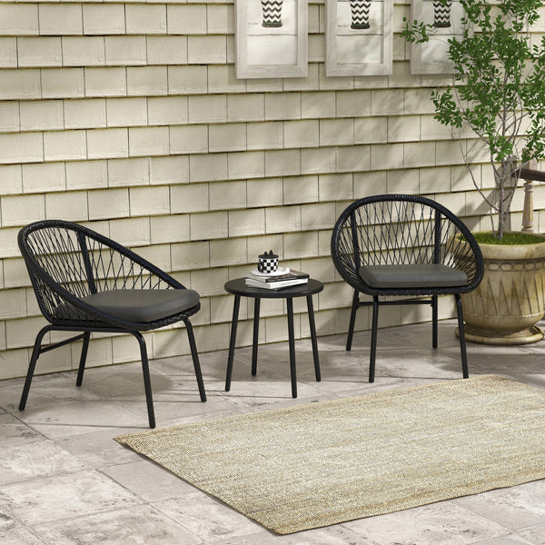 3 Pieces Rattan Bistro Set, Wicker Garden Furniture Set with Round Metal Top Coffee Table and Chairs, Washable Cushions for Outdoor, Patio, Balcony, Black