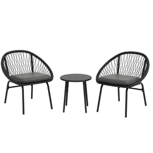 3 Pieces Rattan Bistro Set, Wicker Garden Furniture Set with Round Metal Top Coffee Table and Chairs, Washable Cushions for Outdoor, Patio, Balcony, Black