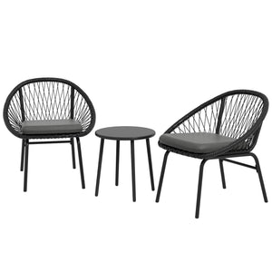 3 Pieces Rattan Bistro Set, Wicker Garden Furniture Set with Round Metal Top Coffee Table and Chairs, Washable Cushions for Outdoor, Patio, Balcony, Black
